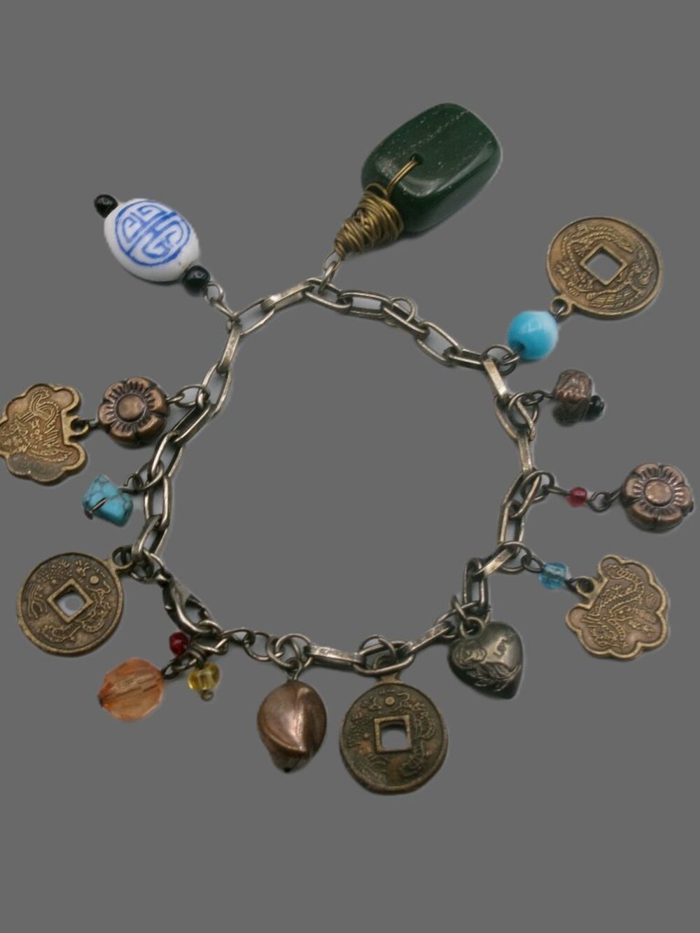Asian Theme Charm Bracelet, Chinese Coins, Faux Jade Pendant, Glass Beads, Vinta